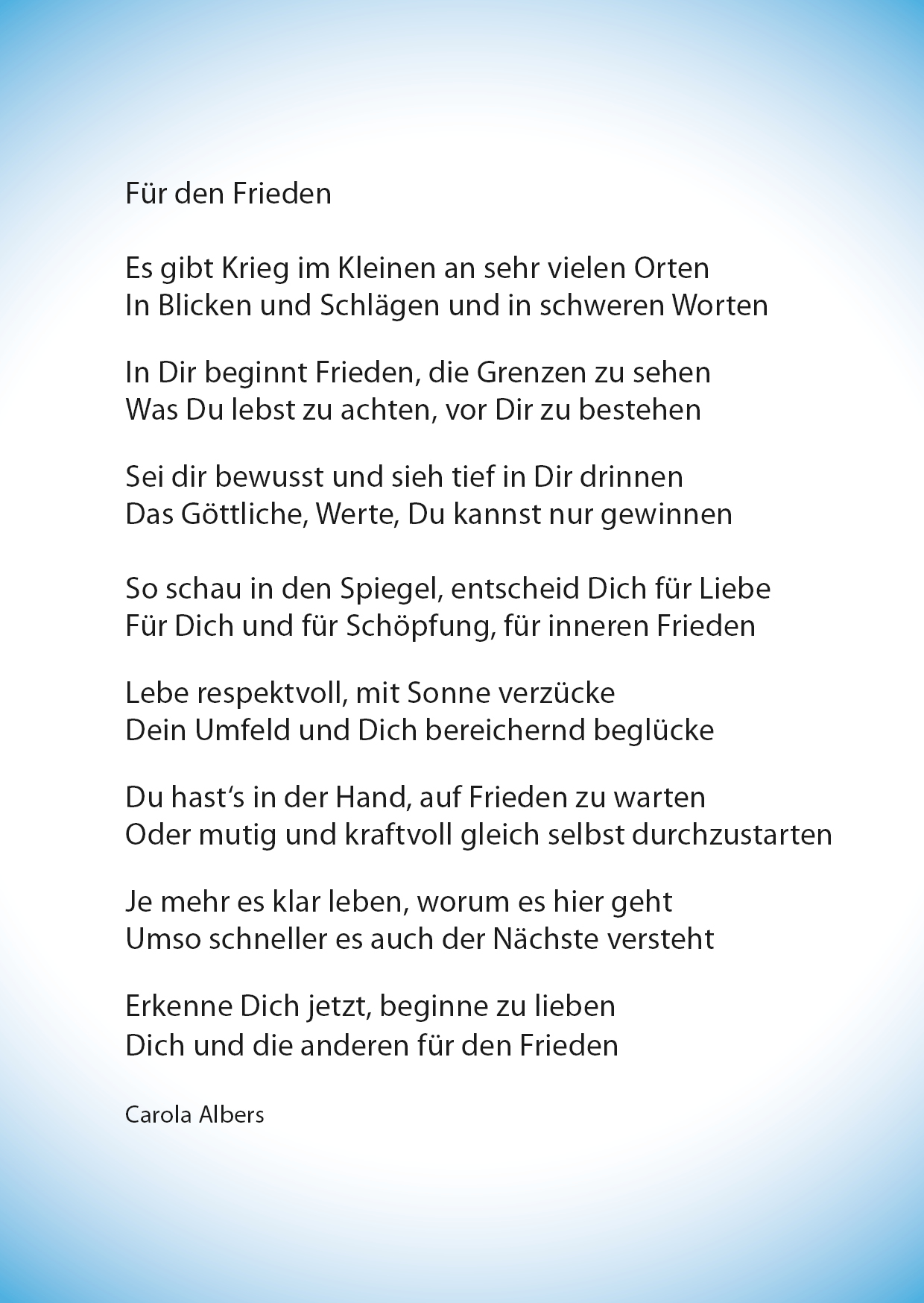 Gedicht für den Frieden als Postkarte
