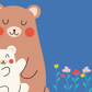 Illustration von zwei genussvoll kuschelnden Bären – ein kleiner weißer sitzt auf dem Schoß von einem großen braunen Bär – auf blauem Hintergrund mit bunten Blumen an der Bildunterseite
