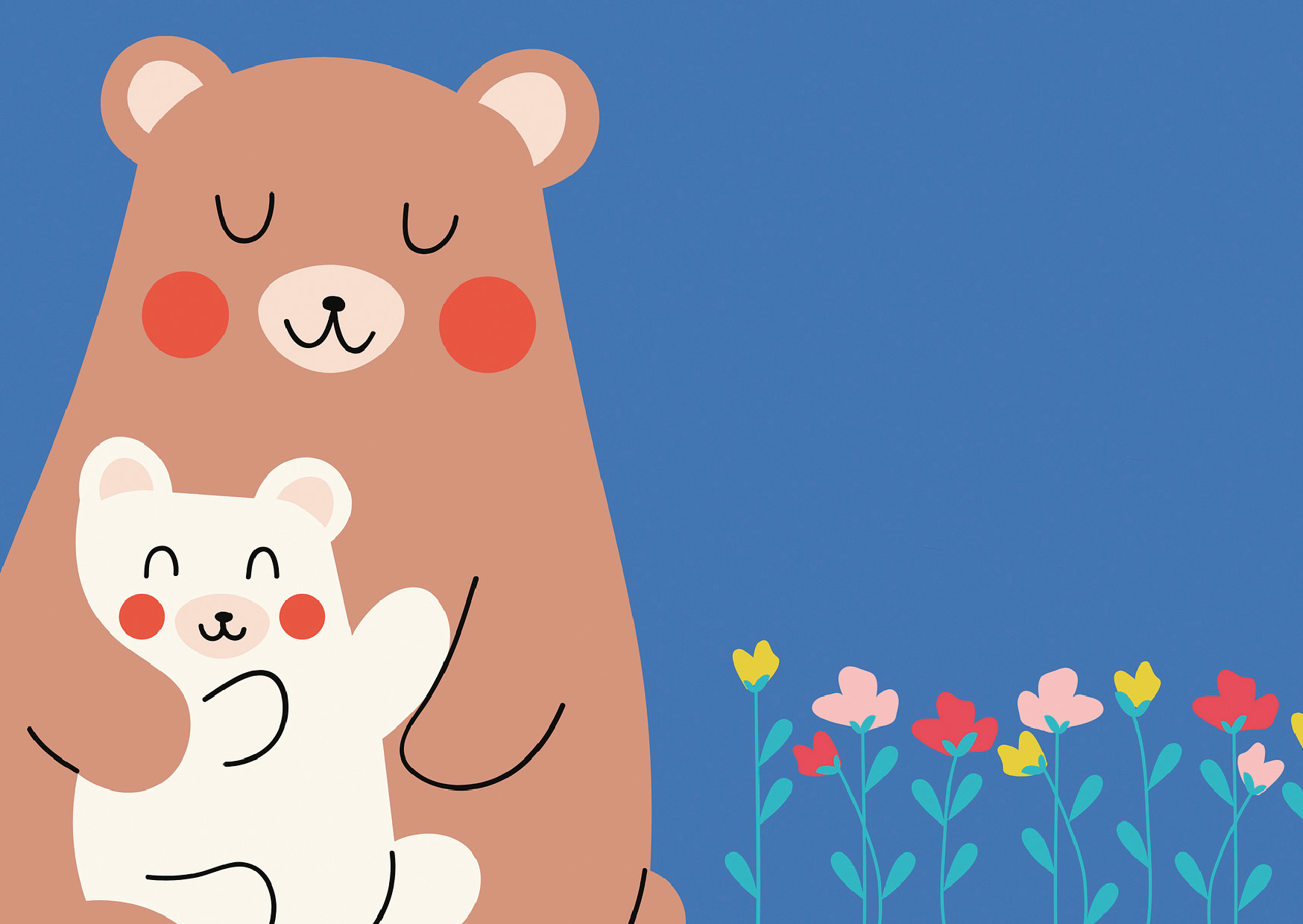 Illustration von zwei genussvoll kuschelnden Bären – ein kleiner weißer sitzt auf dem Schoß von einem großen braunen Bär – auf blauem Hintergrund mit bunten Blumen an der Bildunterseite