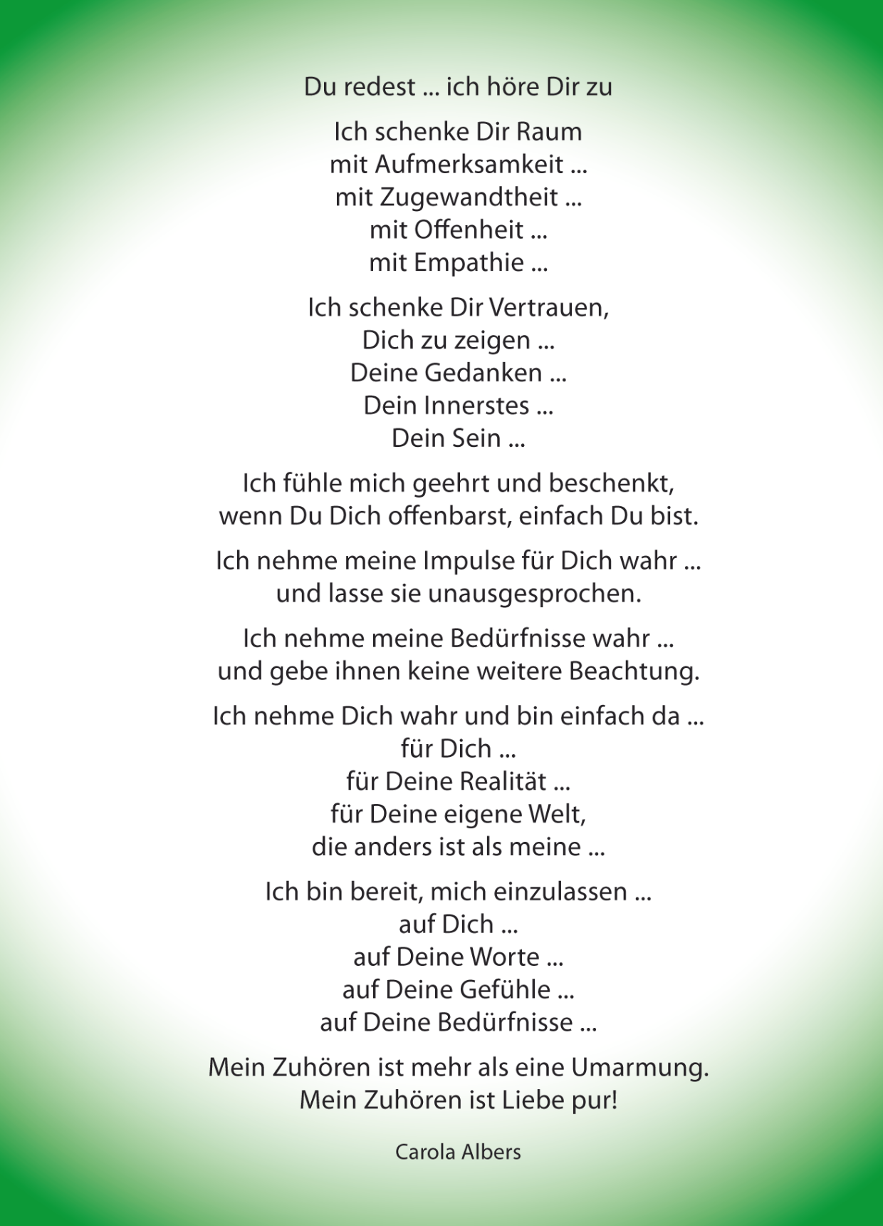 Weiße Postkarte mit grünem Verlauf in allen Ecken und einem Gedicht zum Thema Reden und Zuhören basierend auf der Gewaltfreien Kommunikation