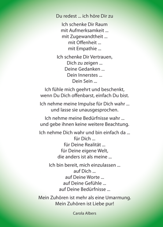 Weiße Postkarte mit grünem Verlauf in allen Ecken und einem Gedicht zum Thema Reden und Zuhören basierend auf der Gewaltfreien Kommunikation