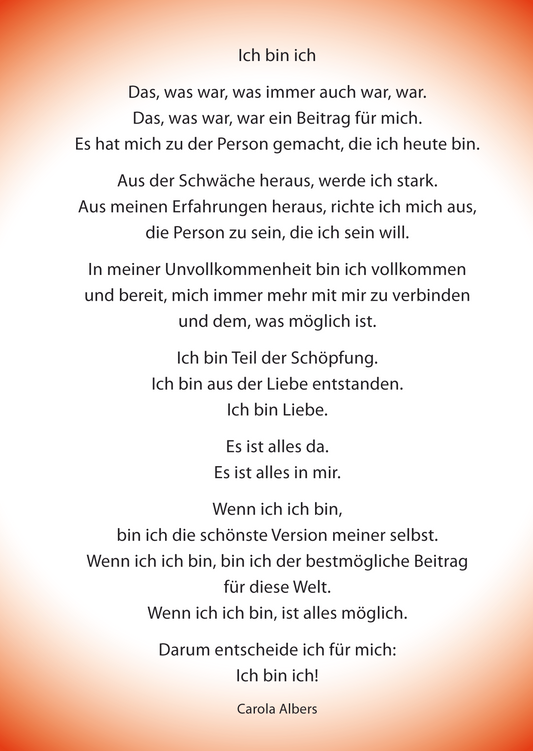 Postkarte in Din A6 Hochformat mit Gedanken zum einfachen selbst Sein und der Entscheidung "Ich bin ich!"