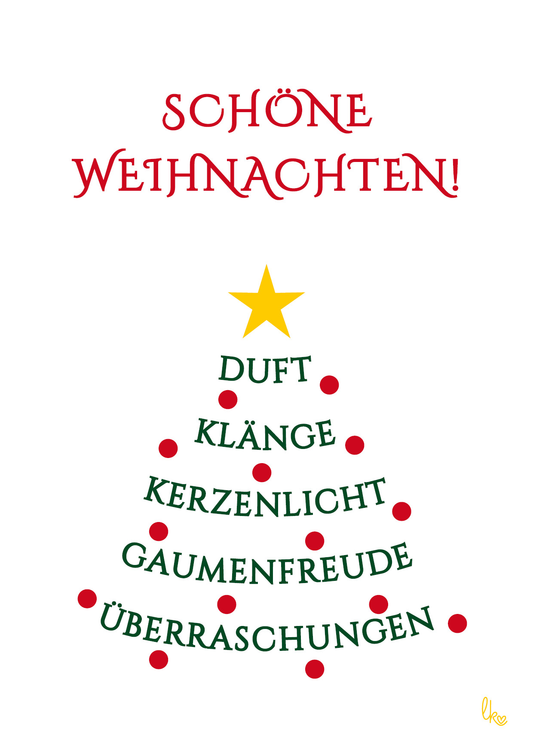 Der Wunsch 'Schöne Weihnachten' in Rot oberhalb eines Tannenbaumes mit roten Kugeln und gelbem Stern aus Worten in Grün, die Genussvolles beschreiben.