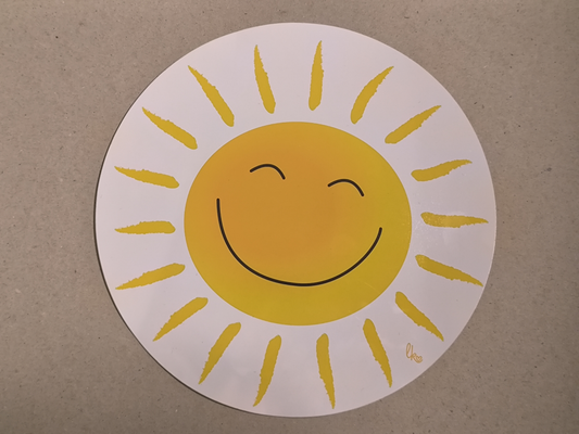 runder großer weißer Aufkleber mit lachender Sonne